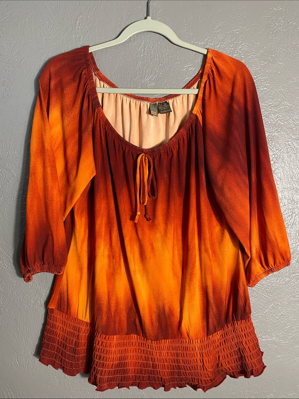 Serenade New York Ombre Peasant Blouse Large Rust Orange Boho Smocked Hem